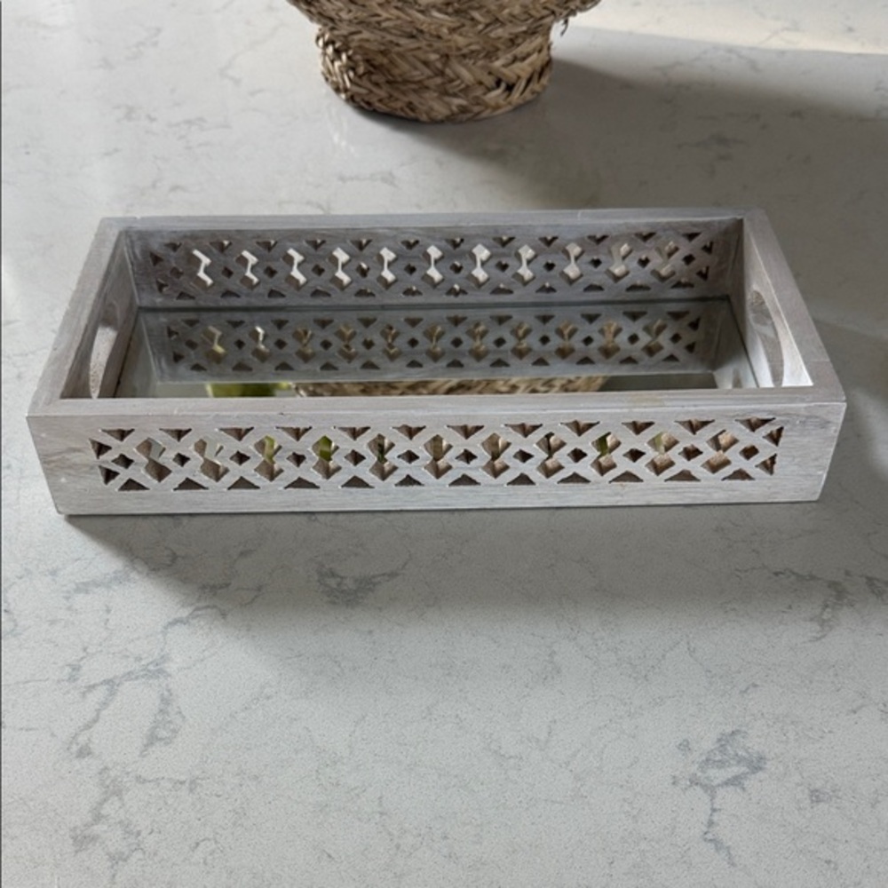 Perfume | Vanity Tray Handcarved Wooden design with Mirror & Handles